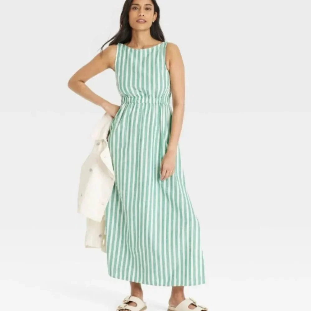Universal Thread Women's Maxi A-Line Dress Green Striped XL - Picture 3 of 3